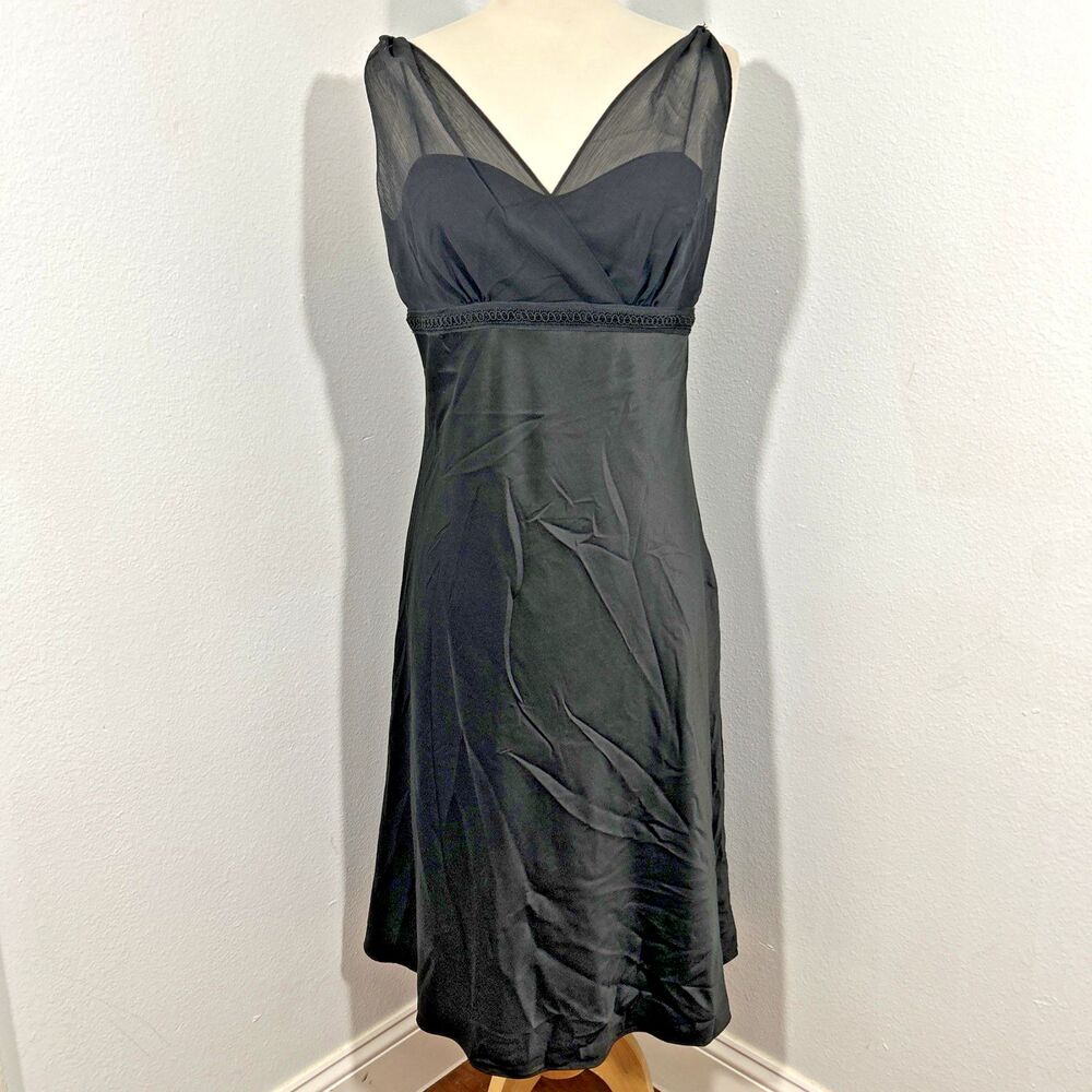 Ann Taylor Midi Dress Womens 6 Black Satin Babydoll Whimsical Goth Y2K